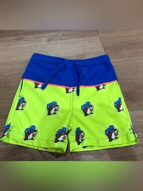 Buc-ees Neon Lime & Royal Blue Swim Shorts with Character pattern